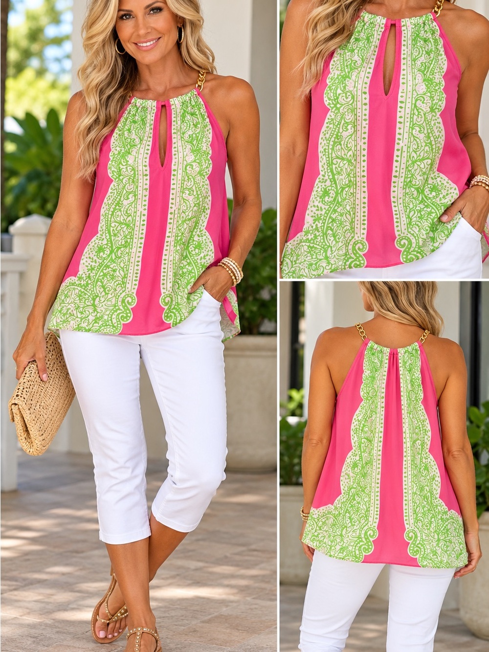 Lilly Pulitzer Pink Halter Tank with Green Scallop Print and Gold Chain Straps